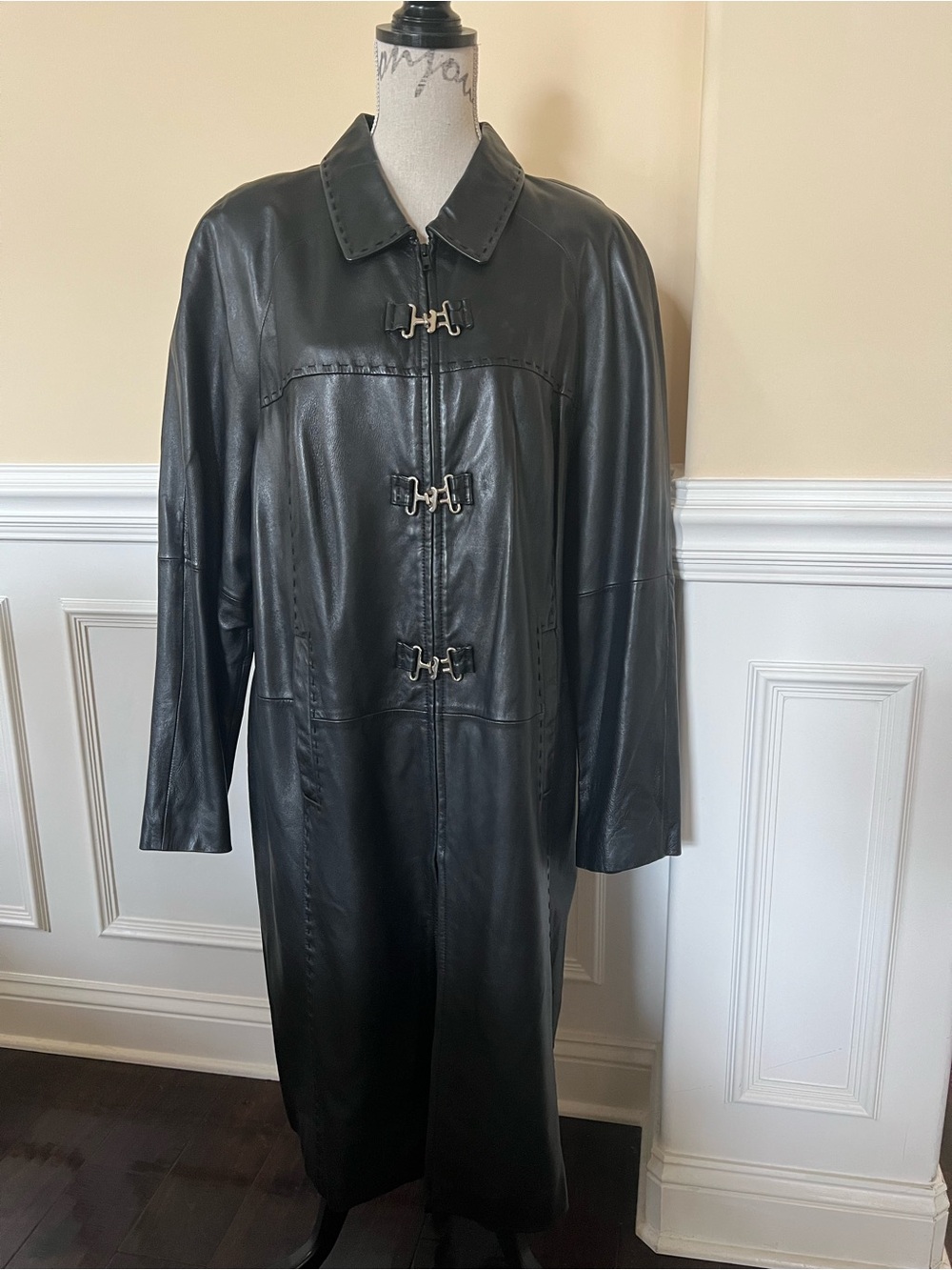 Black-Soft High Quality Leather, Dolman Sleeves Midi Coat. Zip & Toggles Closure